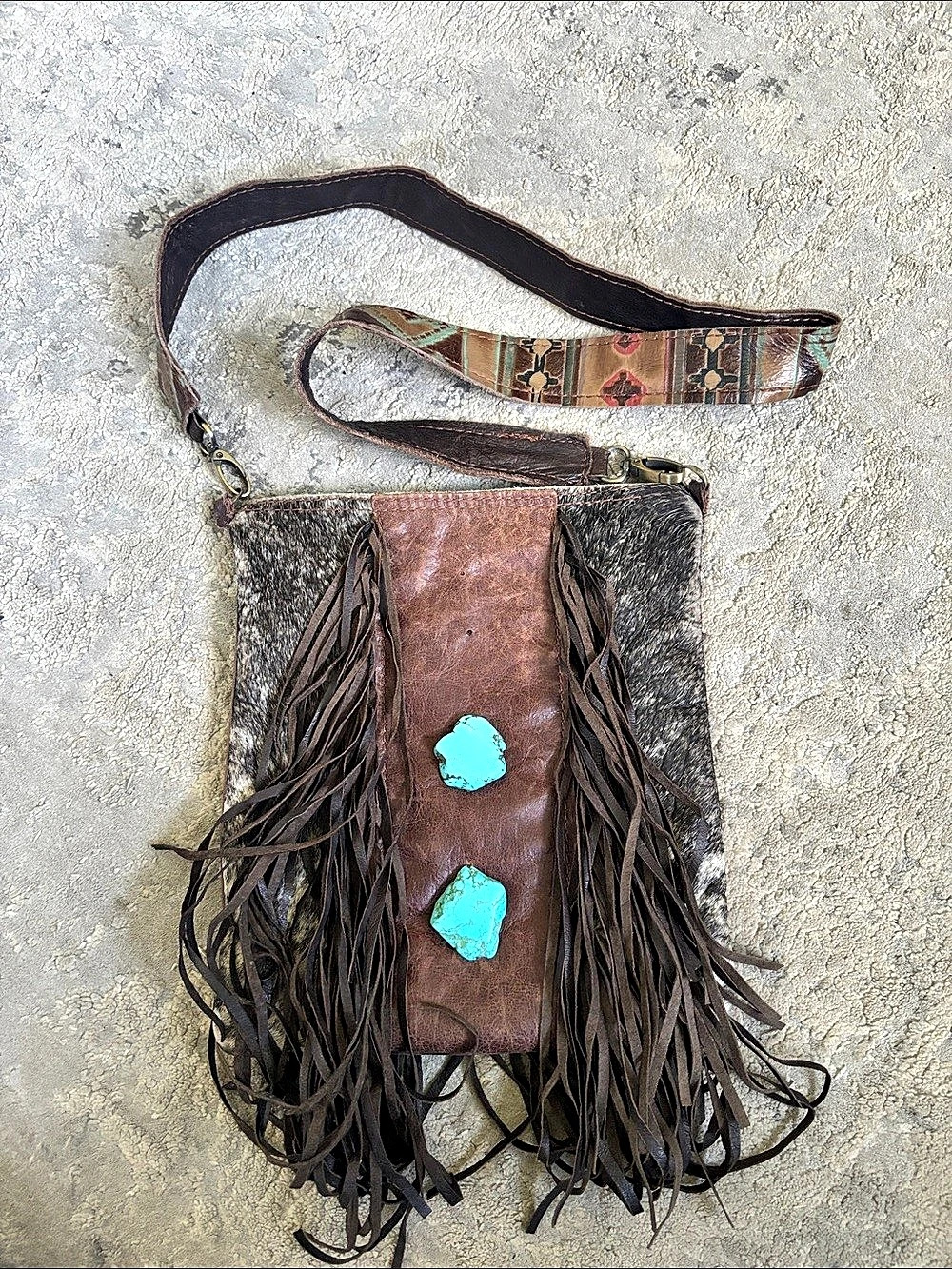 Fringe Crossbody Bag in Brown & Black real Turquoise stone.